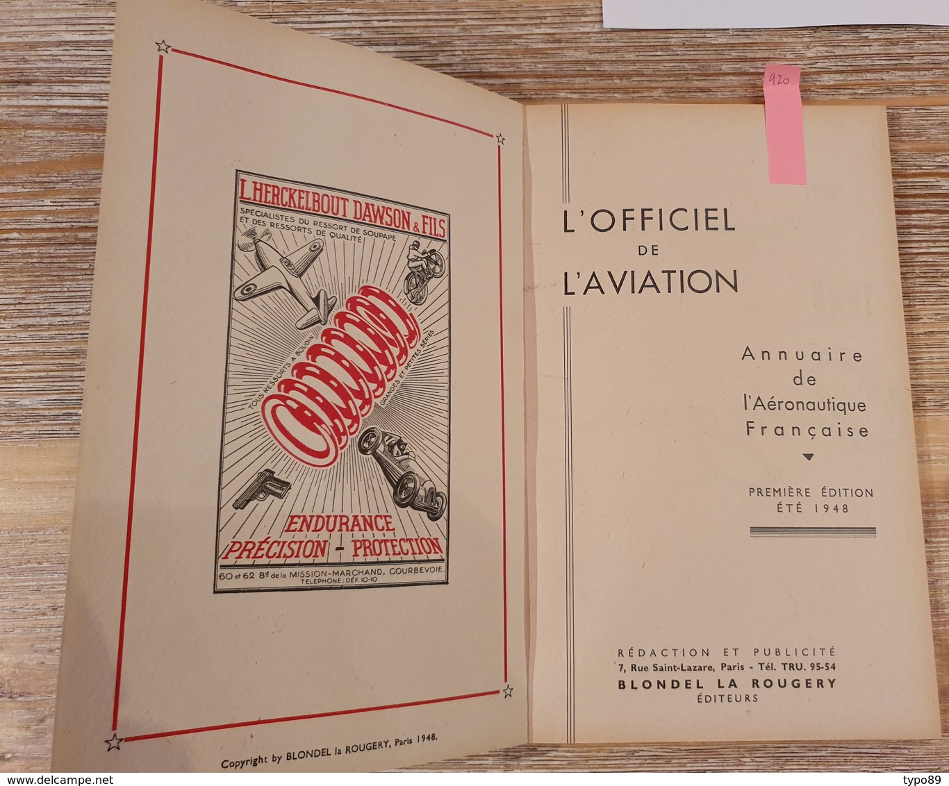 920 - L'OFFICIEL DE L' AVIATION - Annuaire De L'Aéronautique Française - 1ère EDITION - Avion