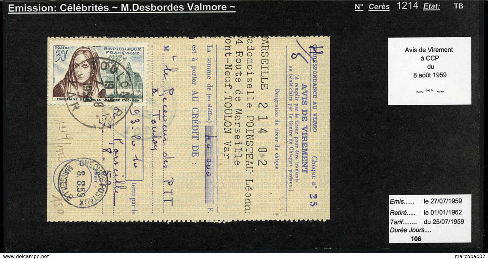 MAURY N°1214 - DESBORDES - S/AVIS DE VIREMENT DU 8/8/1959 - 1921-1960: Période Moderne