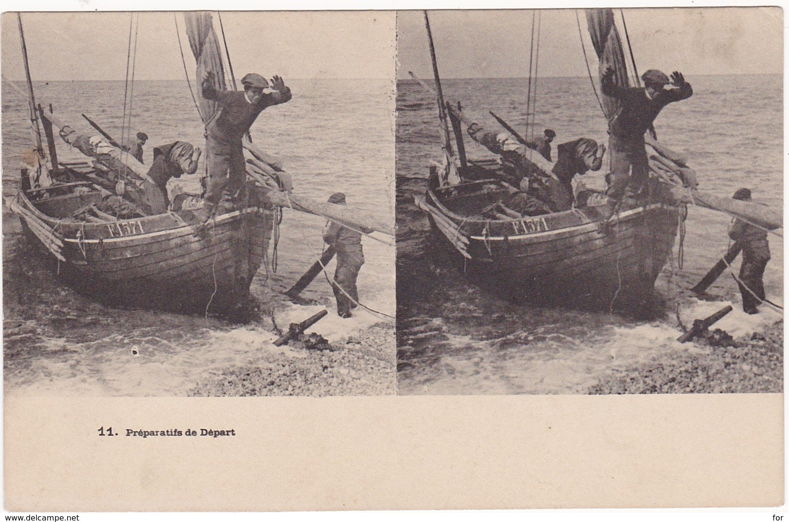 Carte Stéréoscopique : Préparatifs De Départ : Bateau Voilier - F 1571 - Péche Et Marins - - Stereoscope Cards