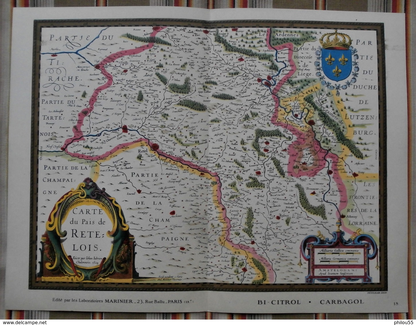 PUBLICITE Pharmacie 75 PARIS 9e Laboratoires MARINIER Carte Du RETHELOIS 1624  Blason - Mapas Geográficas