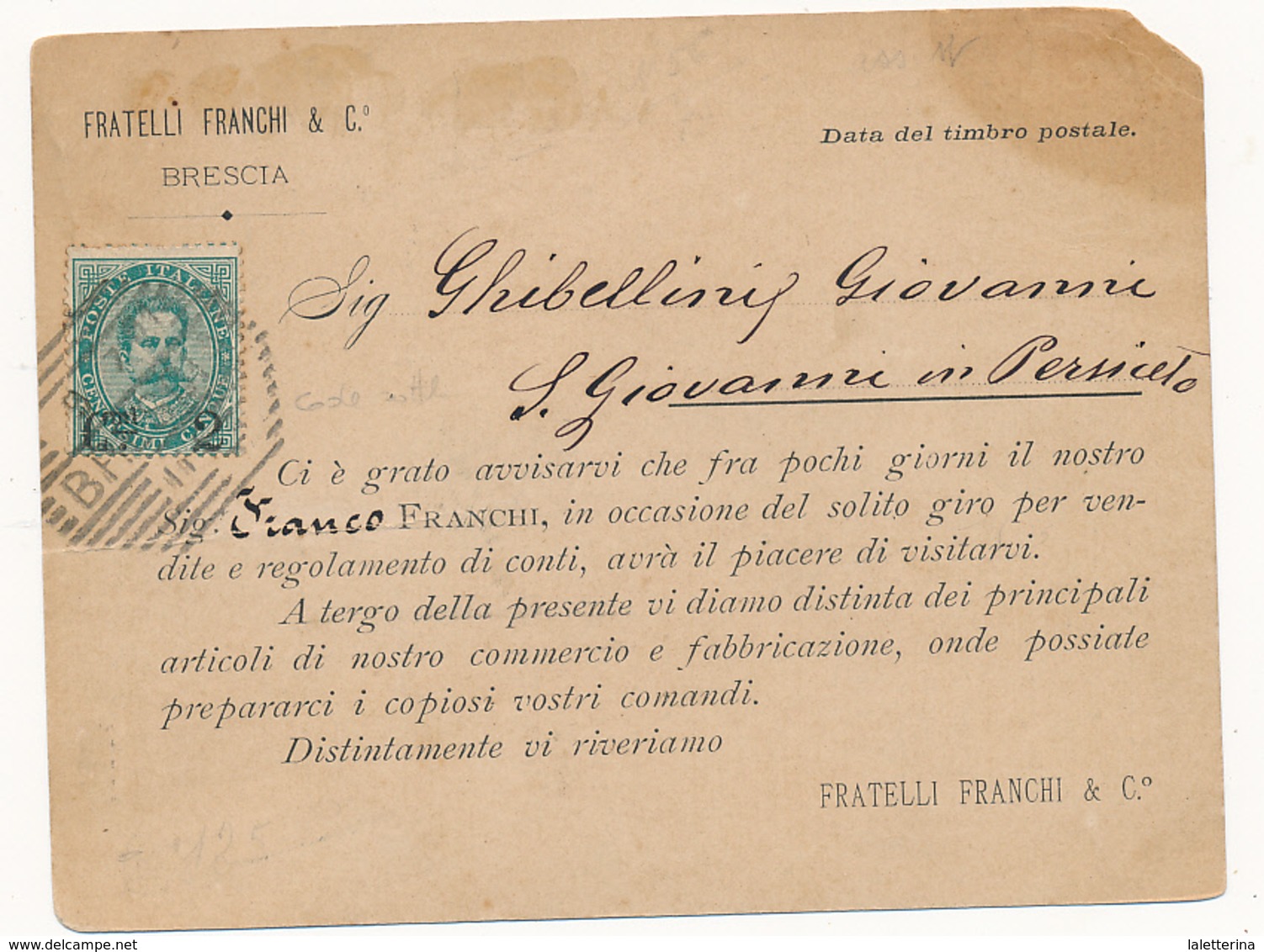 1891 UMBERTO 0,02 SU 0,05 VERDE  VARIETA' CODA SOTTILE DEL 2  BRESCIA ESAGONALE A SBARRE - Storia Postale