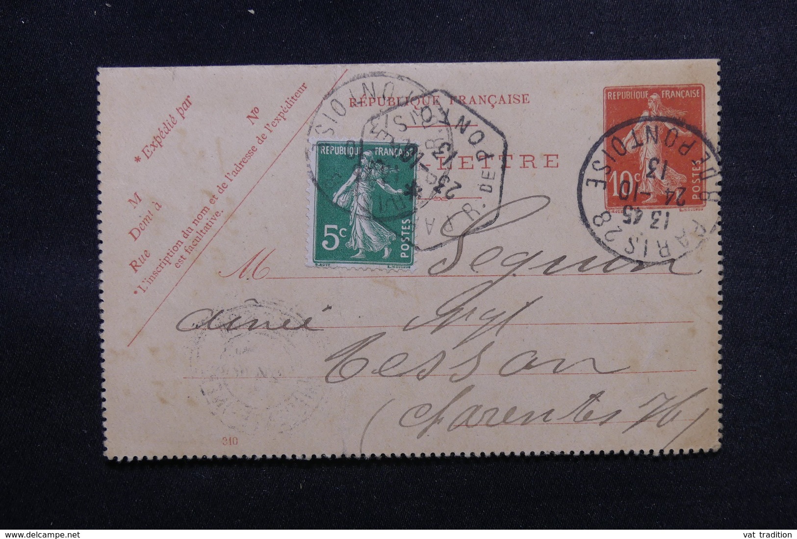 FRANCE - Entier Postal Type Semeuse + Complément De Paris Pour Tesson En 1913, Cachet De Levée Exceptionnelle - L 50890 - Cartes-lettres