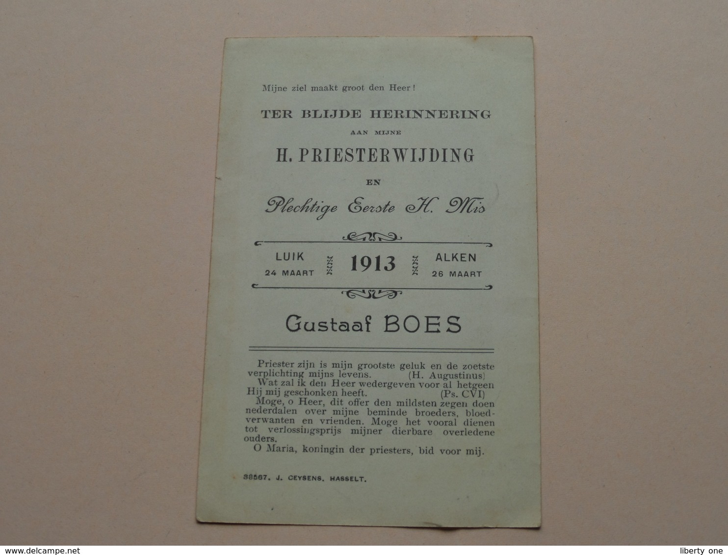 H. PRIESTERWIJDING ( 1ste H. Mis ) Gustaaf BOES > Luik 24 Maart 1913 Alken 26 Maart.! - Religion &  Esoterik