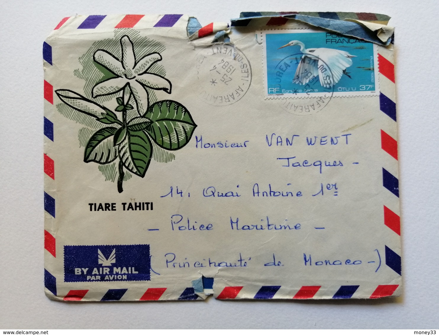 Courrier Aérien Tahiti Vers Monaco Oblitéré Avec Flamme 1984 - Tahití