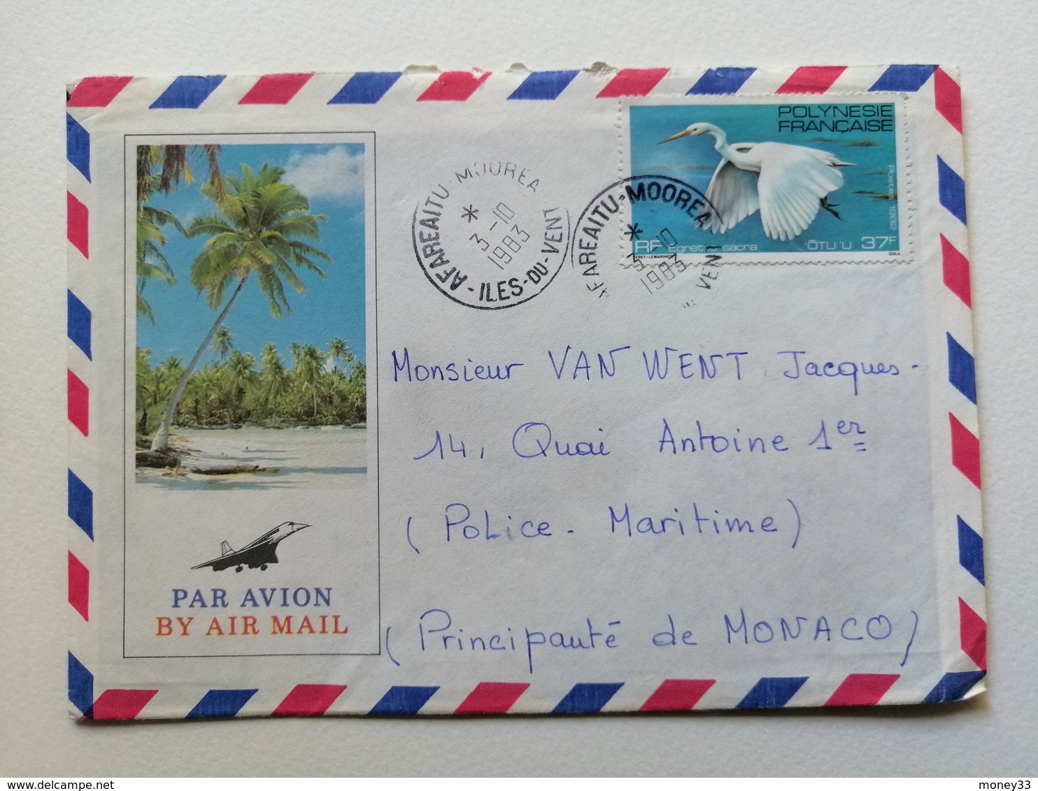 Courrier Aérien Polynesie Française Vers Monaco Oblitéré Avec Flamme 1983 - Brieven En Documenten