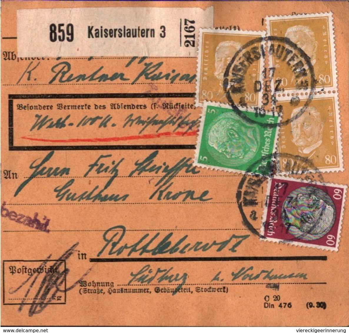 ! 1934 Paketkarte Deutsches Reich, Kaiserslautern Nach Rottleberode - Storia Postale