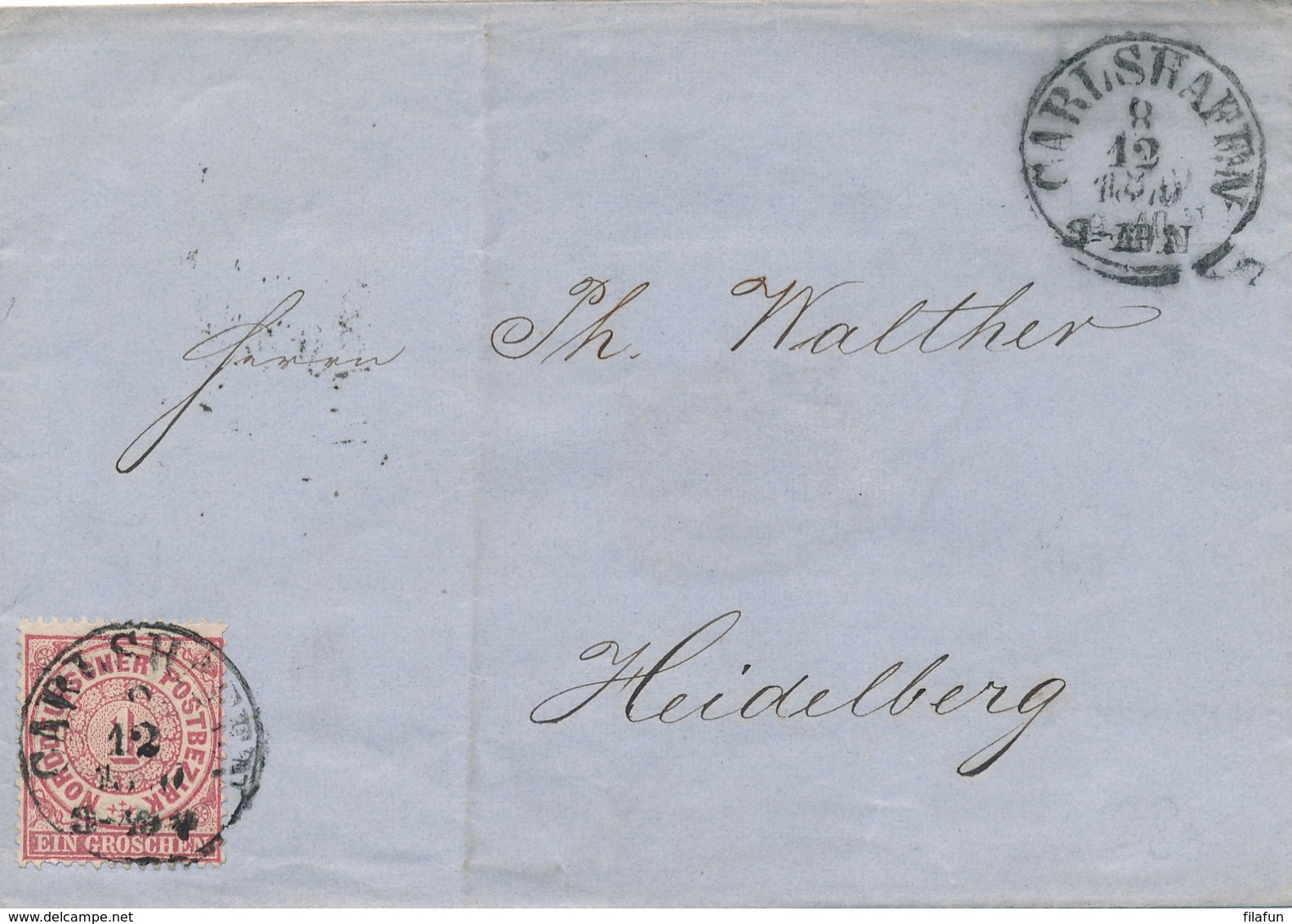 Norddeutscher Bund / NDP - 1870 - 1 Gr On Folded Cover From Carlshafen To Heidelberg - Andere & Zonder Classificatie