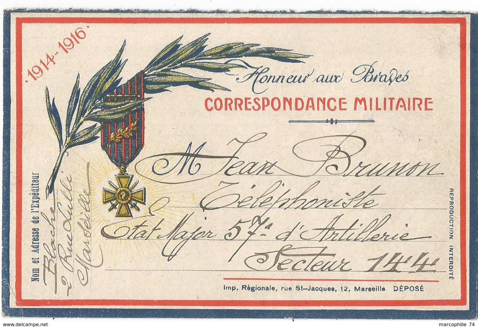 CARTE FM HONNEURS AUX BRAVES IMPR REGIONALE MARSEILLE 1917 POUR SECTEUR 144 - Storia Postale