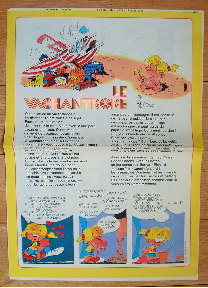 Le Vacanthrope. - Spirou 3 Août 1978. - Jannin Wasterlain Mitacq ... - Spirou Magazine