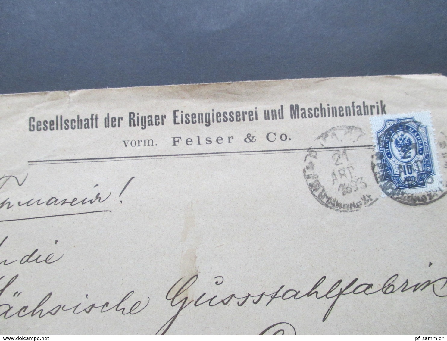 Russland 1893 Firmenbrief Der Gesellschaft Der Rigaer Eisengiesserei Und Maschinenfabrik Vom. Felser & Co Post Deuben - Lettres & Documents