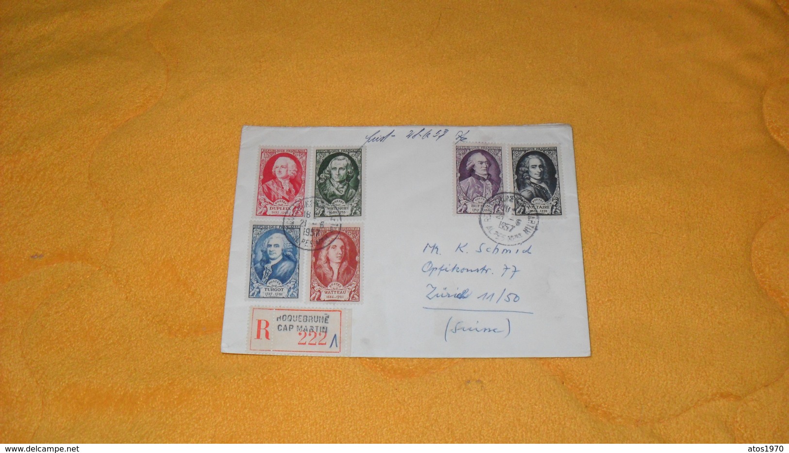 ENVELOPPE DE 1957.../ R ROQUEBRUNE CAP MARTIN FRANCE POUR ZURICH SUISSE...CACHETS + TIMBRES X 6 - 1921-1960: Période Moderne