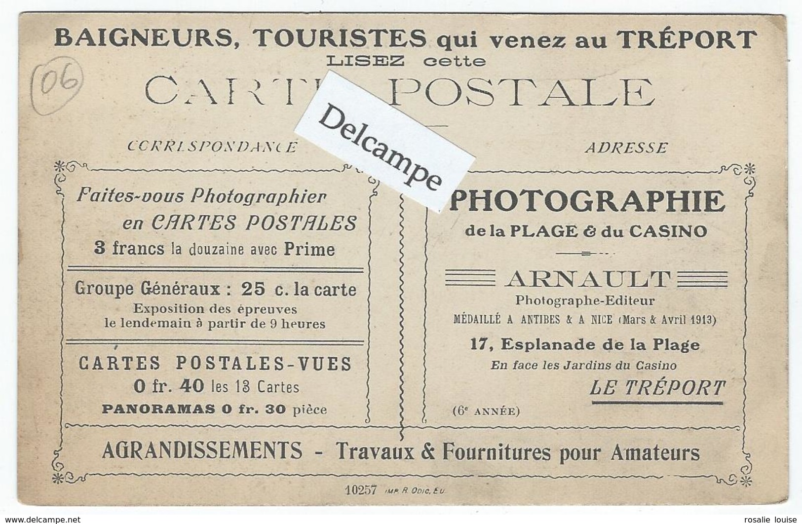 LE TREPORT - "ARNAULT" Photographe Editeur, 17 Esplanade De La Plage - Publicité Au Verso D'1 Carte Du Carnaval De Nice - Le Treport