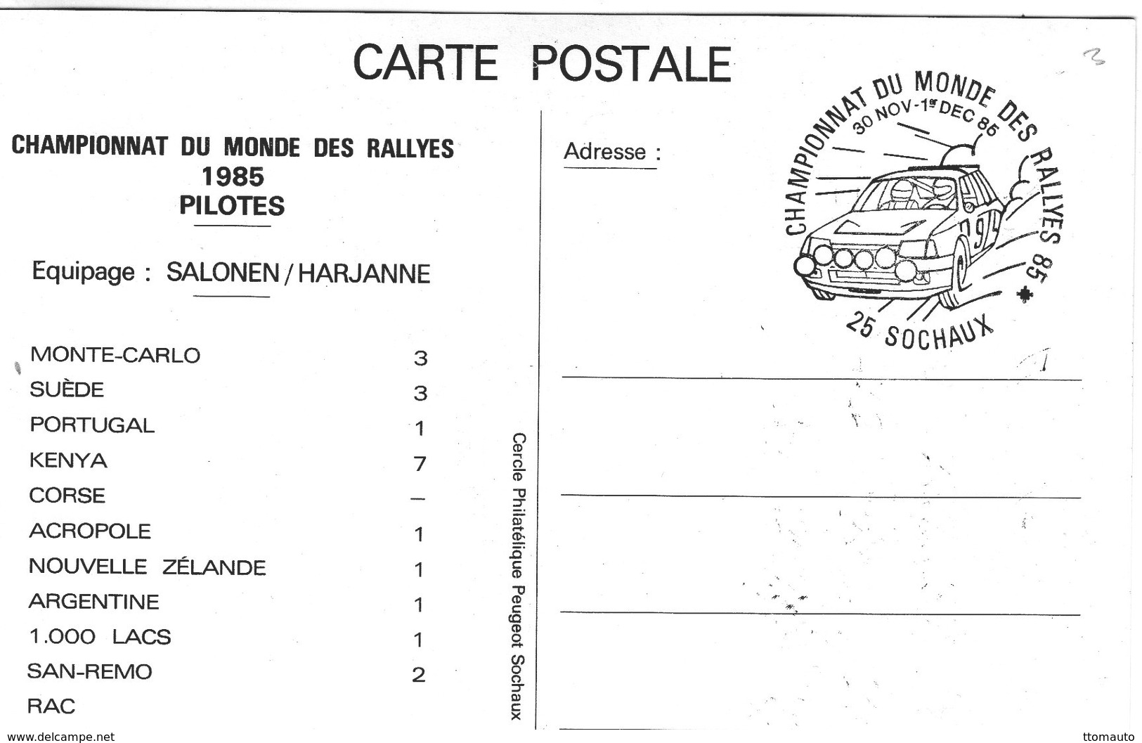 Peugeot 205 T16  -  Champion Du Monde 1985  -  Pilotes: Salonen/Harjanne  -  Carte Postale - Rallyes
