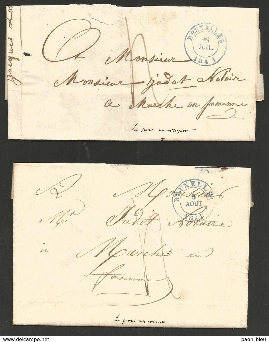 Belgique - 2 LAC De Bruxelles à Marche-en-Famenn De 1841 - Cachet Bruxelles En Bleu - Verso Marche En Rouge - 1830-1849 (Onafhankelijk België)