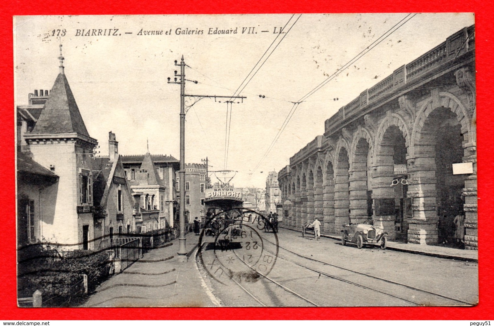 64. Biarritz. Avenue Et Galeries Edouard VII. Tramway ( Pub Savon Sunlight). Voiture Et Calèche. 1922 - Biarritz
