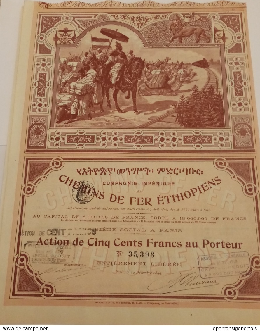 Titre Ancien - Compagnie Impériale Des Chemins De Fer Ethiopiens - Titre De 1899 - Déco - Imprimerie Chaix - - Spoorwegen En Trams