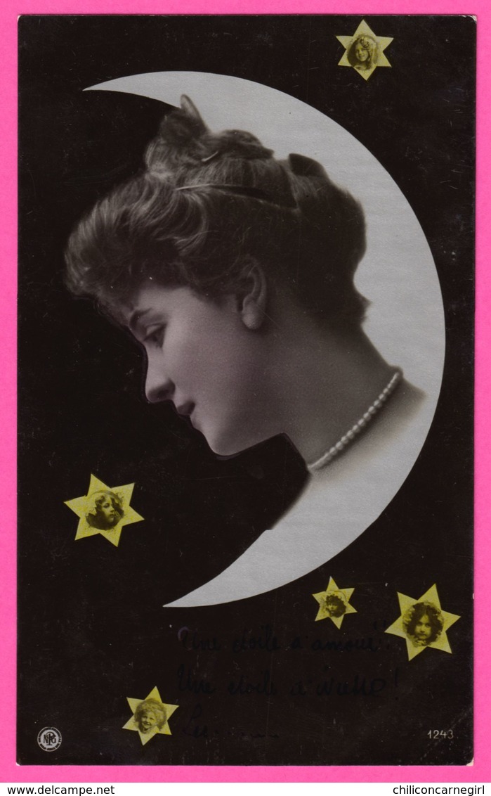 Montage - Portrait De Femme Dans Croissant De Lune Et Fillette Dans Les étoiles - Fillettes - Edit. N.P.G. - Femmes