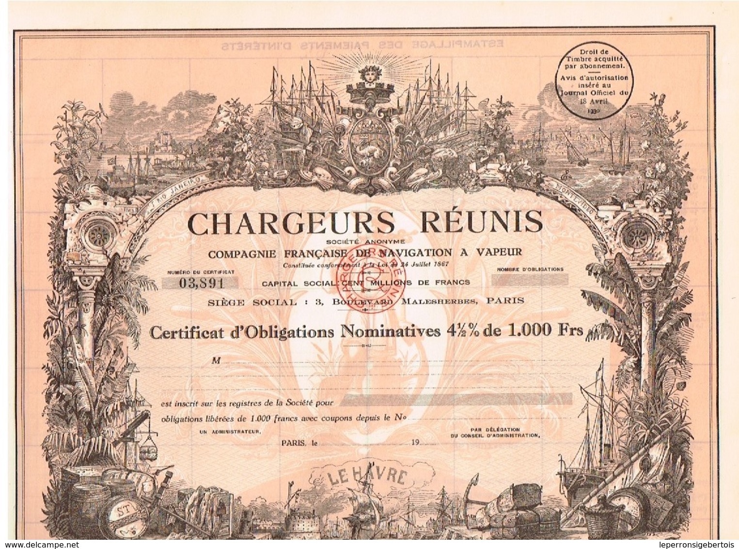 Obligation Ancienne - Chargeurs Réunis - Compagnie Française De Navigation à Vapeur - Titre De 1930 - Déco - Uncirculed - Navigation