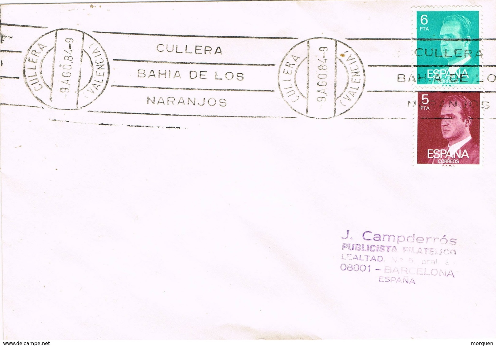 35382. Carta CULLERA (Valencia) 1984. Rodillo Especial Bahia De Los NARANJOS. Orange - Cartas & Documentos