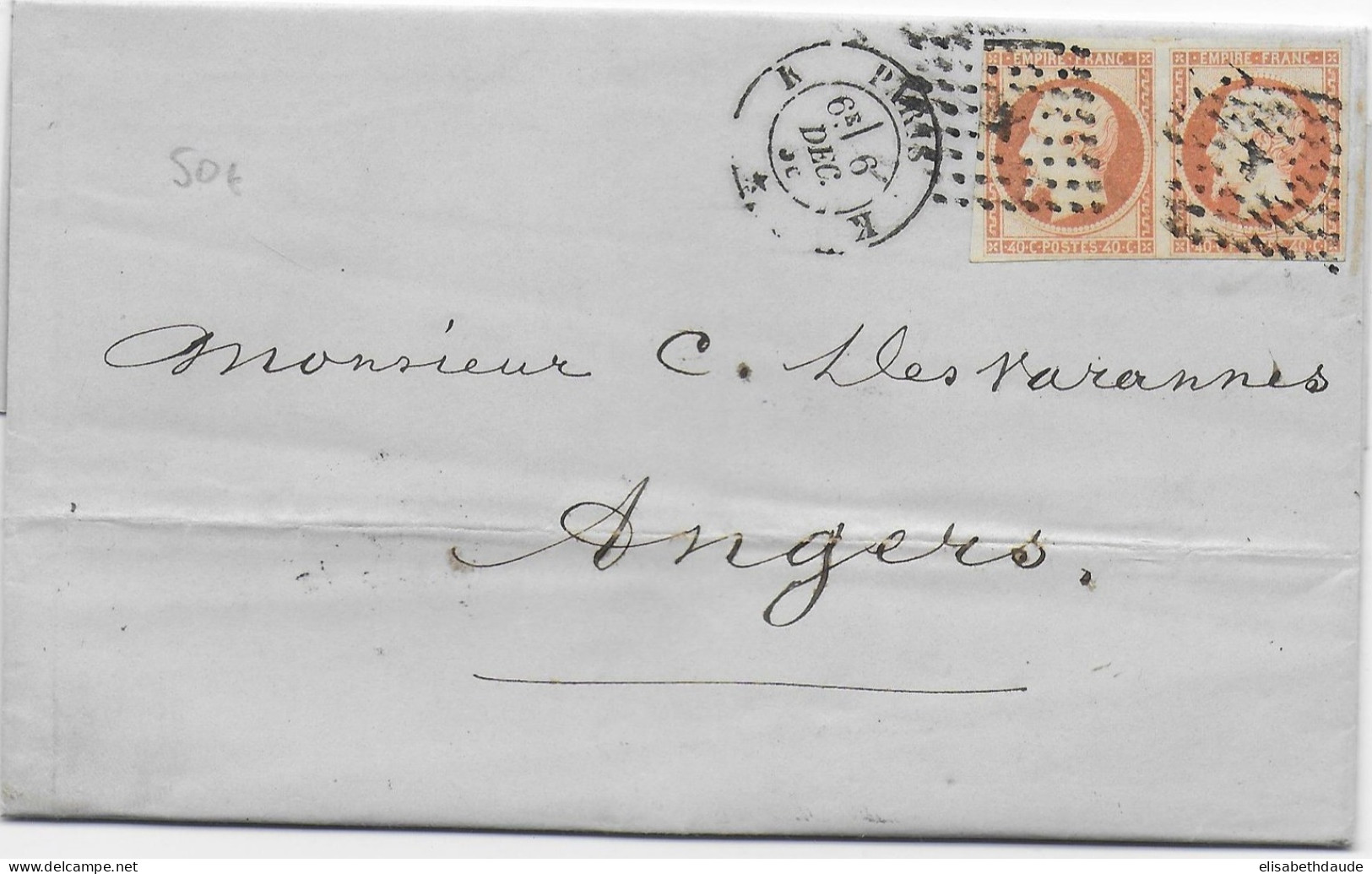 1856 - PARIS - PAIRE EMPIRE 40c ! Sur LETTRE 3° ECH De PARIS K => ANGERS - 1853-1860 Napoleon III