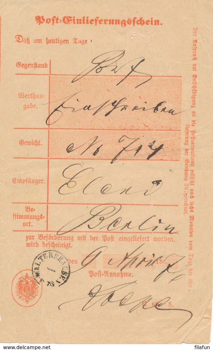 Norddeutscher Bund / NDP - 1876 - Post-Einlieferungsschein From WALTERSHAUSEN To Berlin - Brieven En Documenten