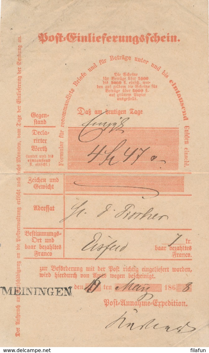 Norddeutscher Bund / NDP - 1868 - Post-Einlieferungsschein From MEININGEN To Eisfeld - Andere & Zonder Classificatie