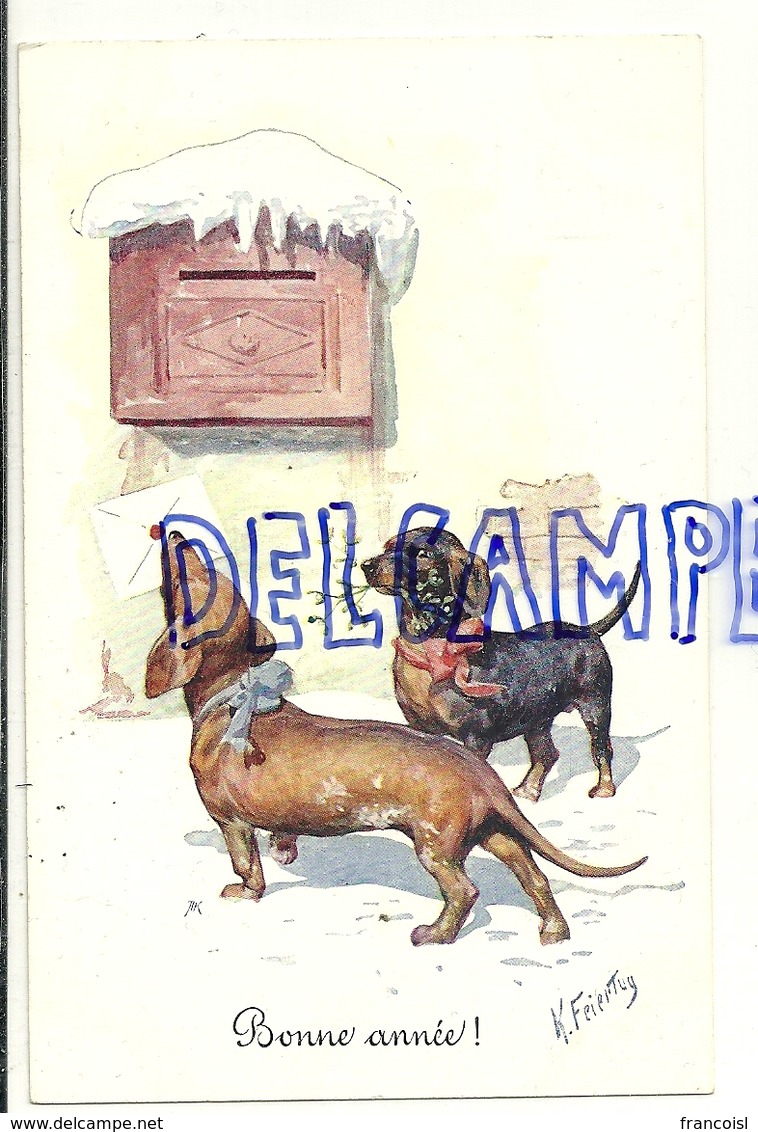 Chiens. Teckels, Enveloppe, Boite à Lettres, Gui. Signée K. Feiertag. Bonne Année - Feiertag, Karl