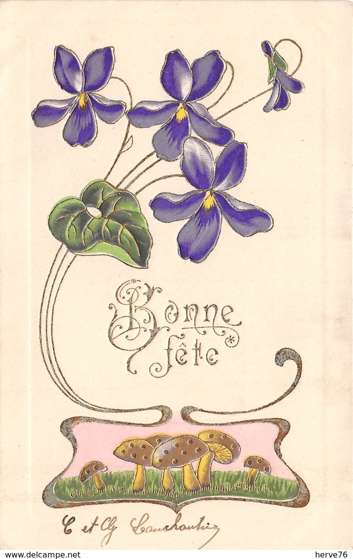 CPA Fantaisie Gaufrée - Fleurs - Champignons - Bonne Fête - (style Art Nouveau) - Fleurs