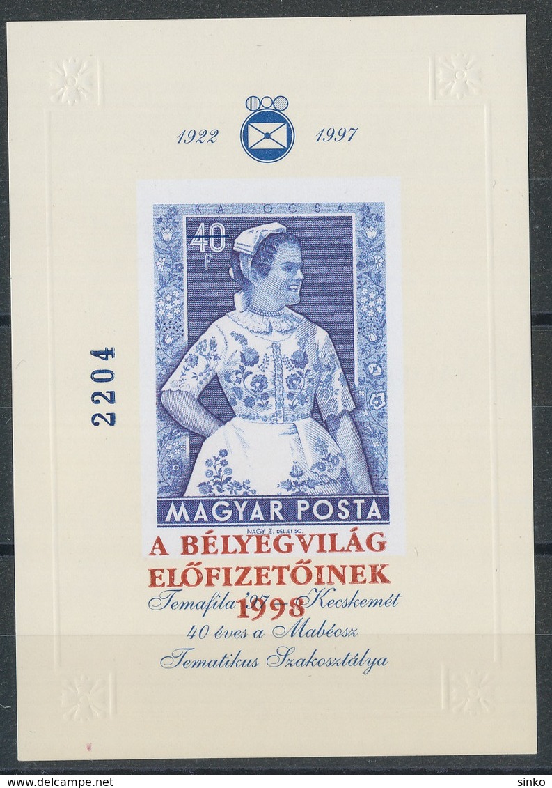 1998. Folk Costume - Commemorative Sheet With Gift Overprint - Herdenkingsblaadjes