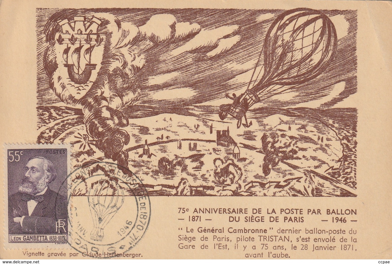 Carte Maximum - 75e Anniversaire De La Poste Par Ballon Du Siège De Paris 1871 - 1946 - Brieven En Documenten