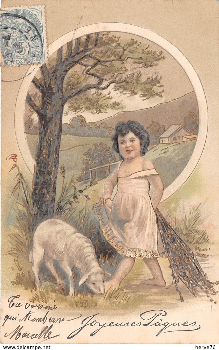 CPA Fantaisie Gaufrée - Joyeuses Pâques - Mouton - Enfant - Fillette - Liserets Dorés (style Viennoise) - Pâques