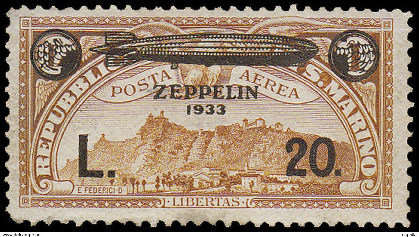 SAINT MARIN Poste Aérienne * - (16), Type Non émis (20l./1l. Brun Jaune, Zeppelin à L'envers), Tirage 2 Exemplaires, (Ex - Altri & Non Classificati