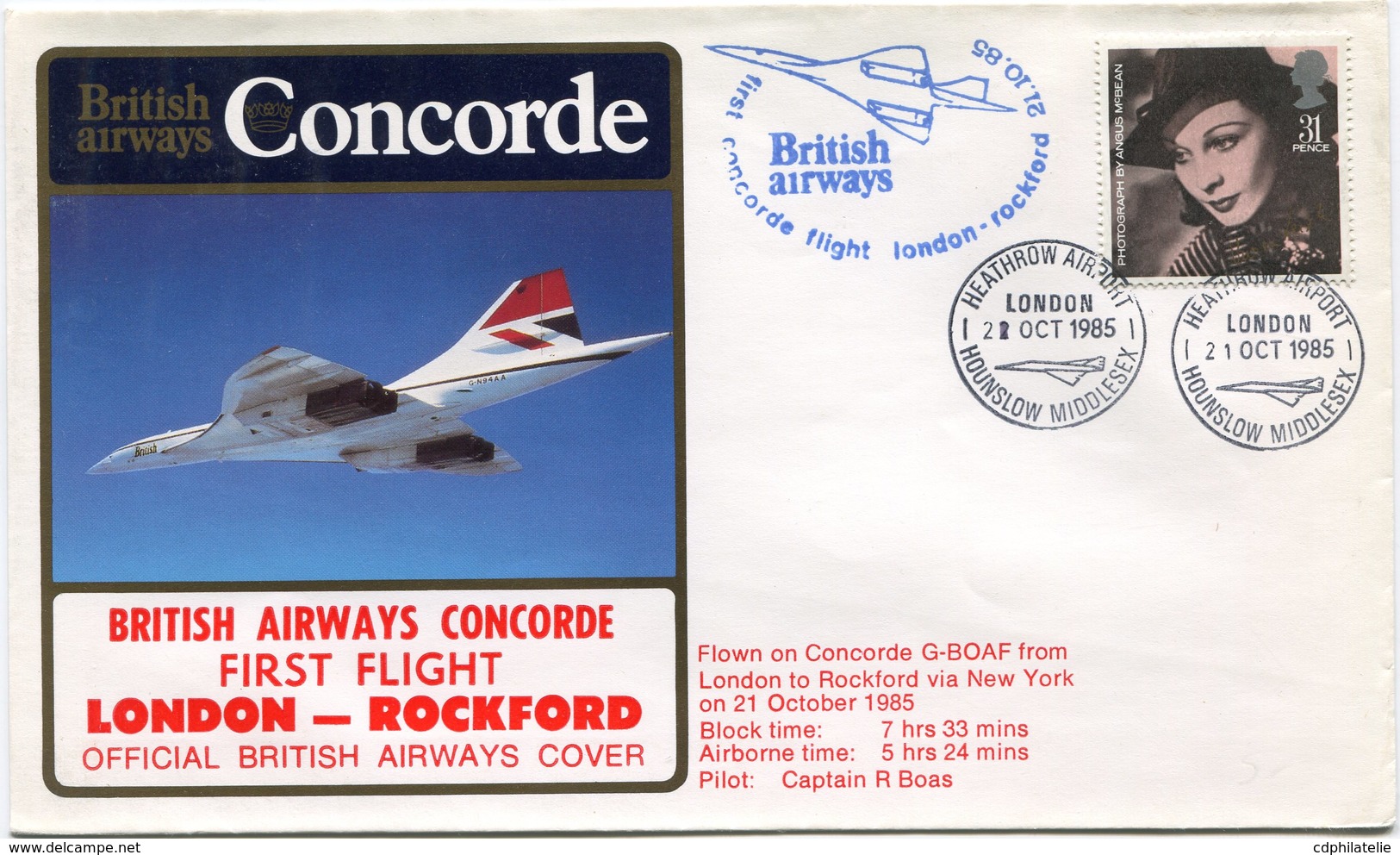 ENVELOPPE BRITISH AIRWAYS CONCORDE PREMIER VOL LONDON - ROCKFORD DU 21 OCT1985 - Concorde