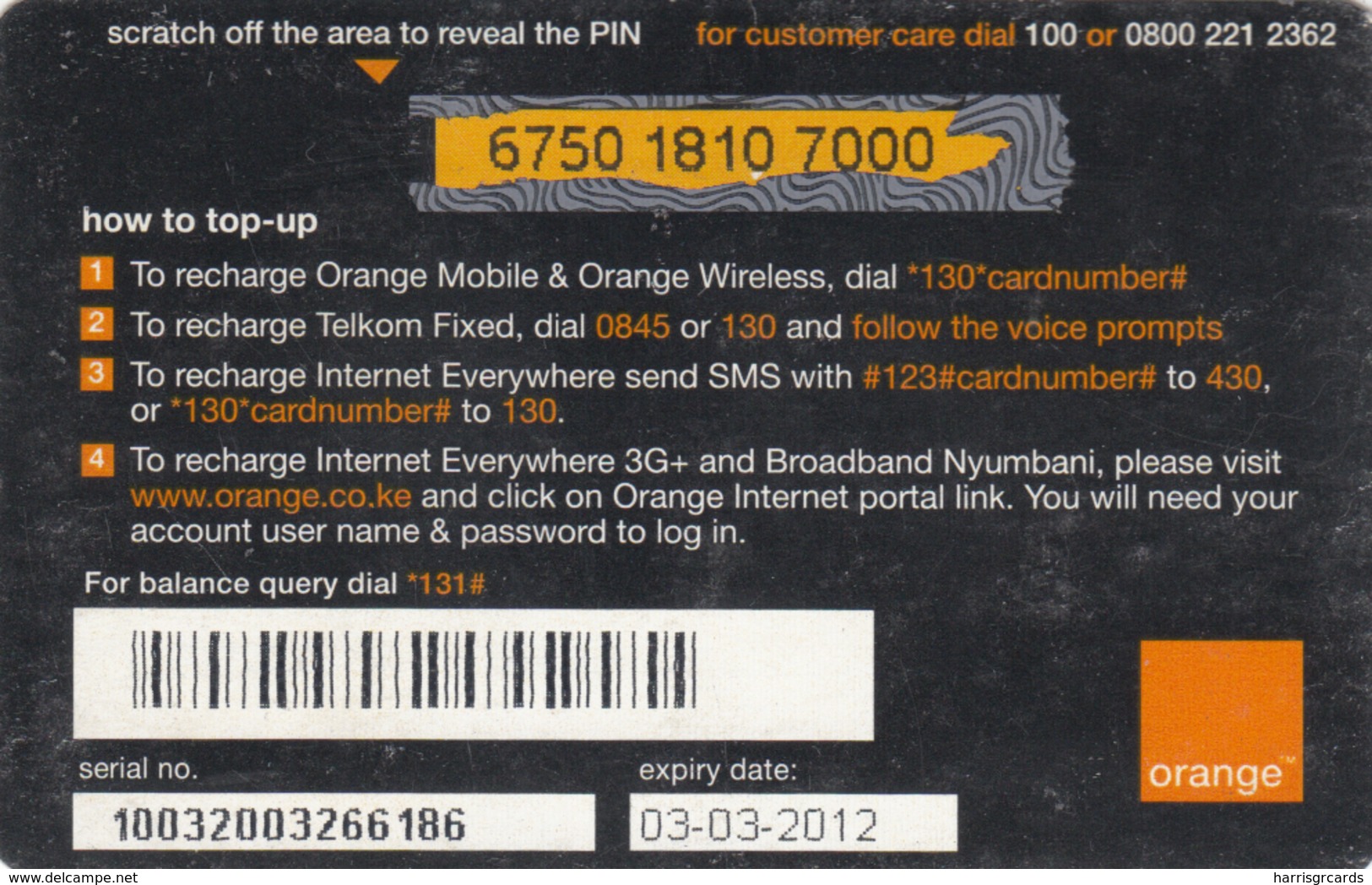 KENYA - Textile 50, Jaza Top Up Orange Card , Expiry Date:03/03/2012, 50 Ksh Used - Kenya