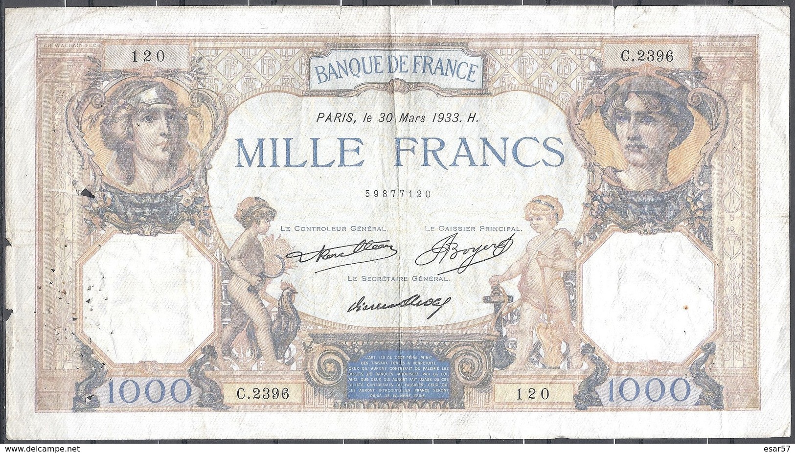 France 1000 Francs Cérès Et Mercure Du 30 Mars 1933 - 1 000 F 1927-1940 ''Cérès Et Mercure''