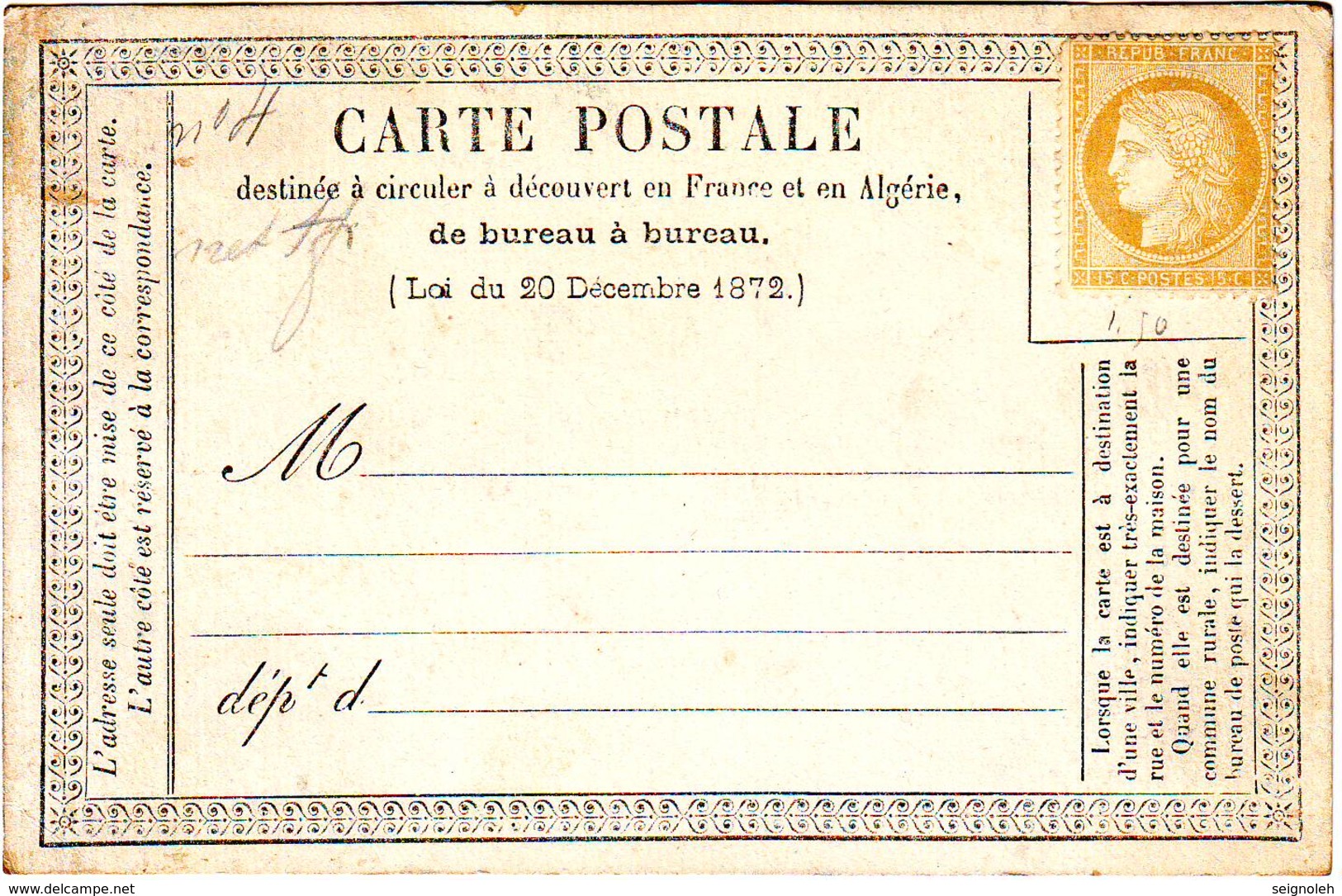 15 C CERES N° 59 NEUF SUR Carte Precurseur , Cote Neuf Sans Gomme : 150 Euro - 1871-1875 Ceres