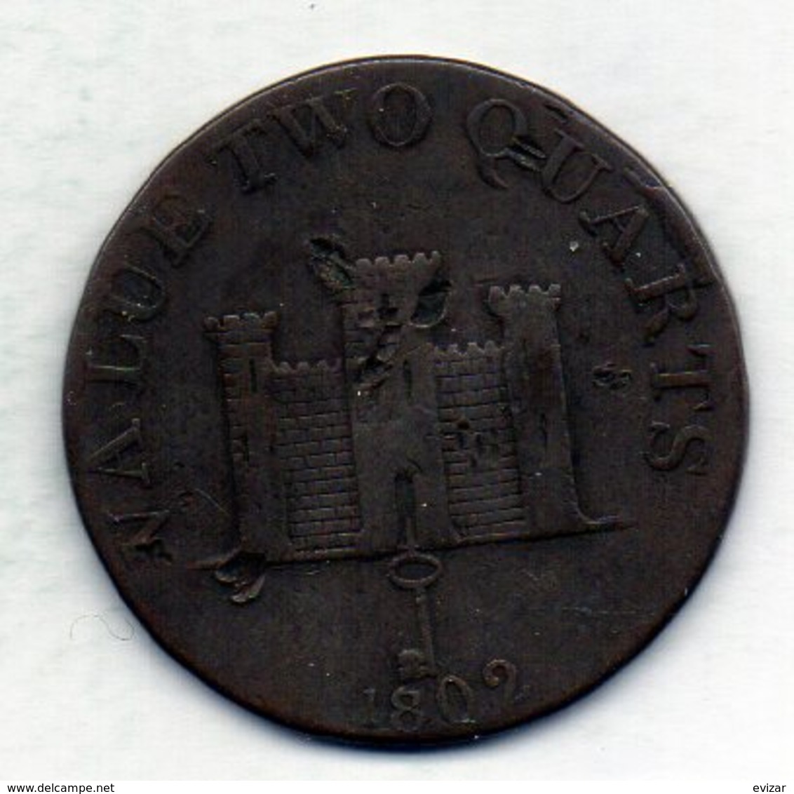 GIBRALTAR, 2 Quarts, Copper, Year 1802, KM #Tn2.2 - Gibilterra