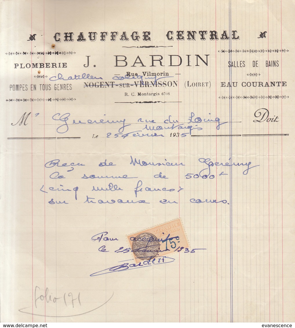 Montargis : Facture Bardin , Chauffage     ////   JANV. 20 - Chatillon Coligny