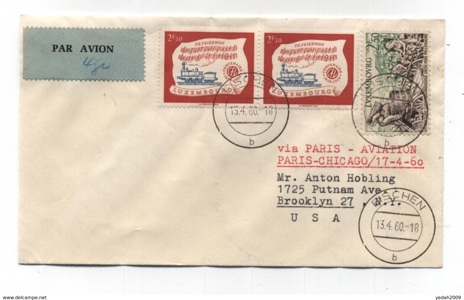 Luxembourg FIRST FLIGHT COVER Paris-Chicago USA 1960 - Briefe U. Dokumente