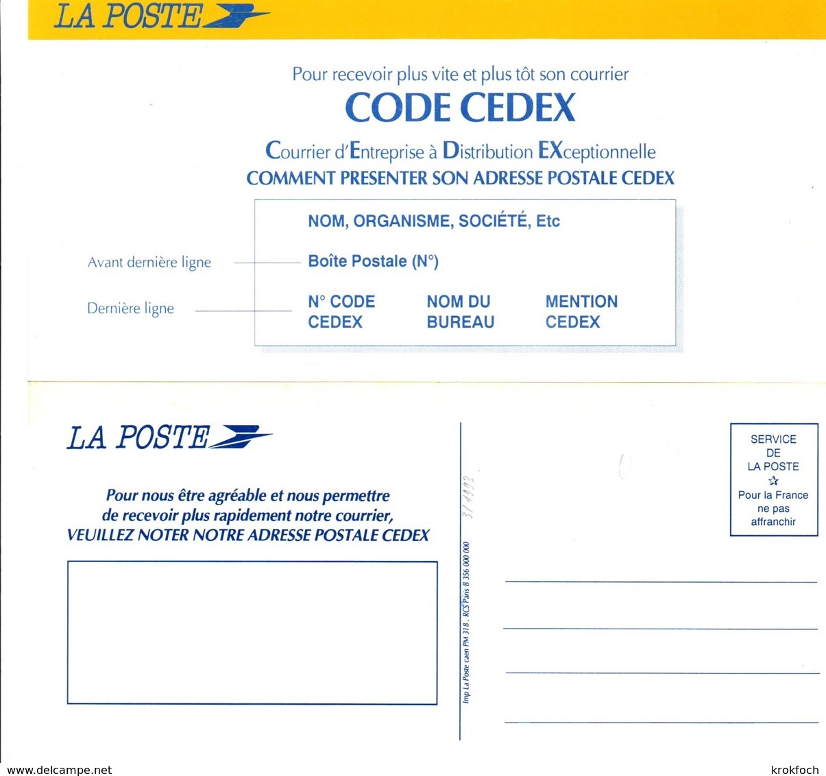 Carte En Franchise Suite Changement De Code Postal  Cedex - Scan Recto-verso - Other & Unclassified