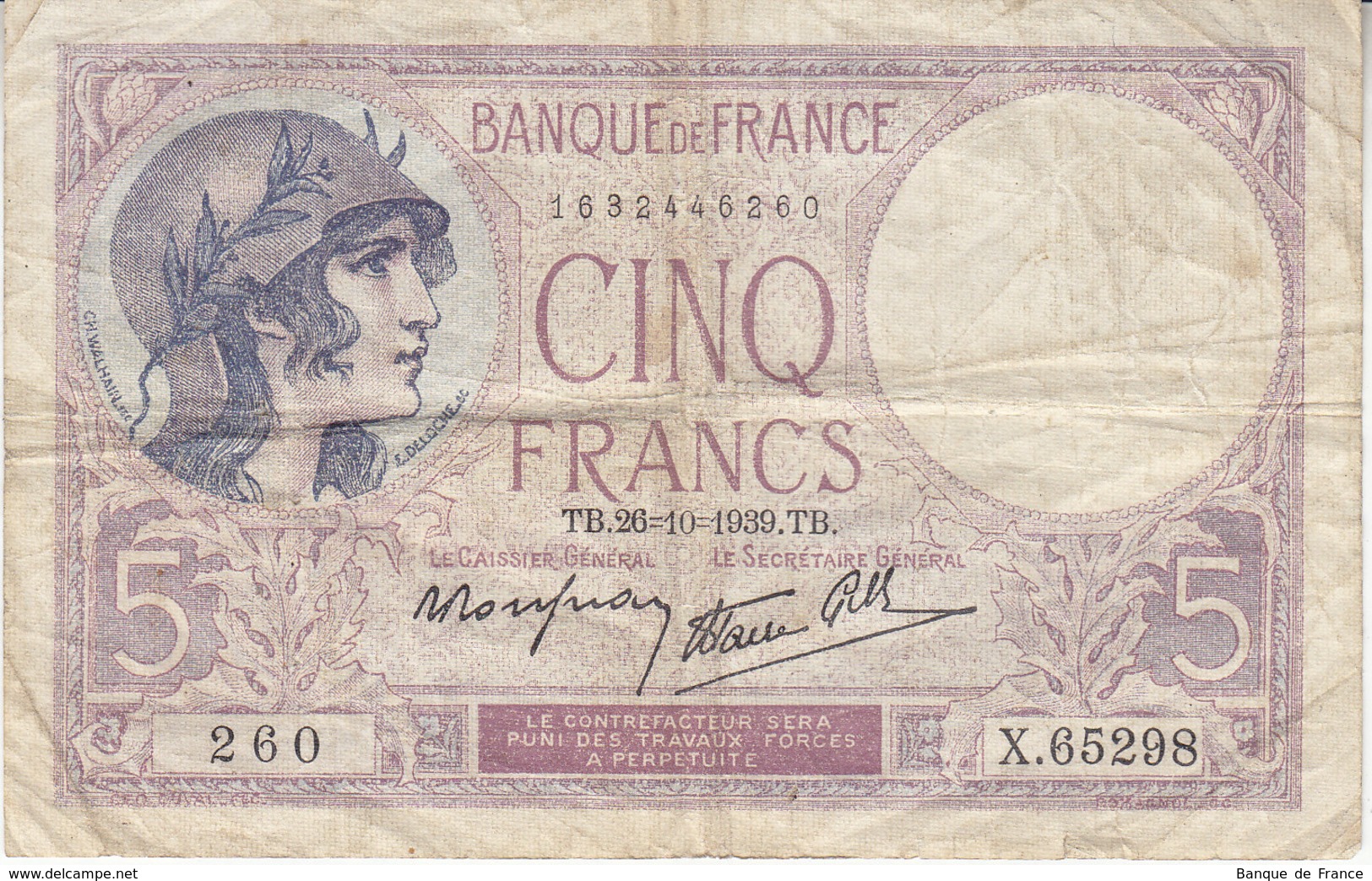 Billet 5 F Violet Du 26-10-1939 FAY 4.13 Alph. X.65298 - 5 F 1917-1940 ''Violet''