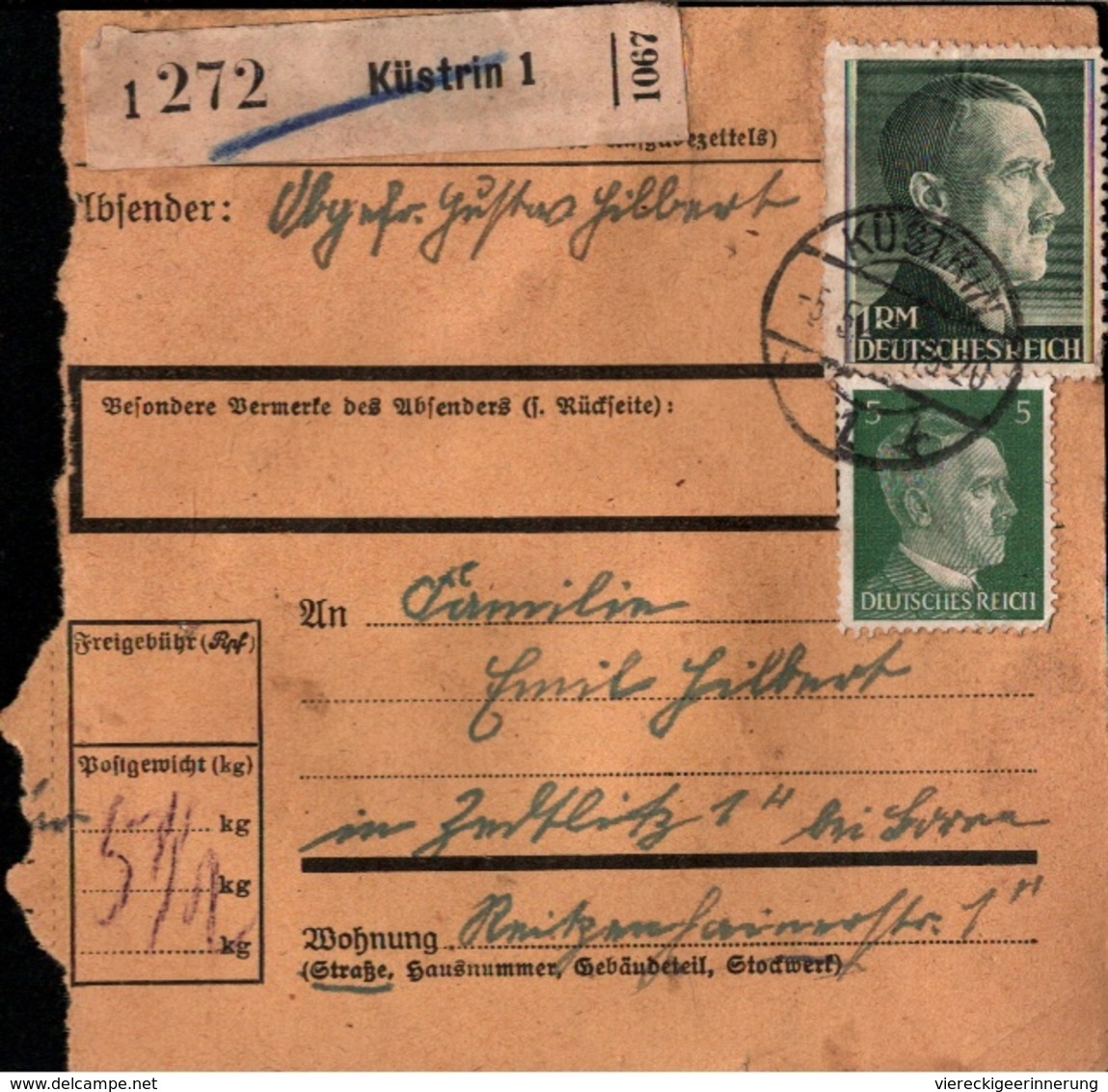 ! 1943 Paketkarte Deutsches Reich, Küstrin Nach Zedtlitz Bei Borna - Covers & Documents