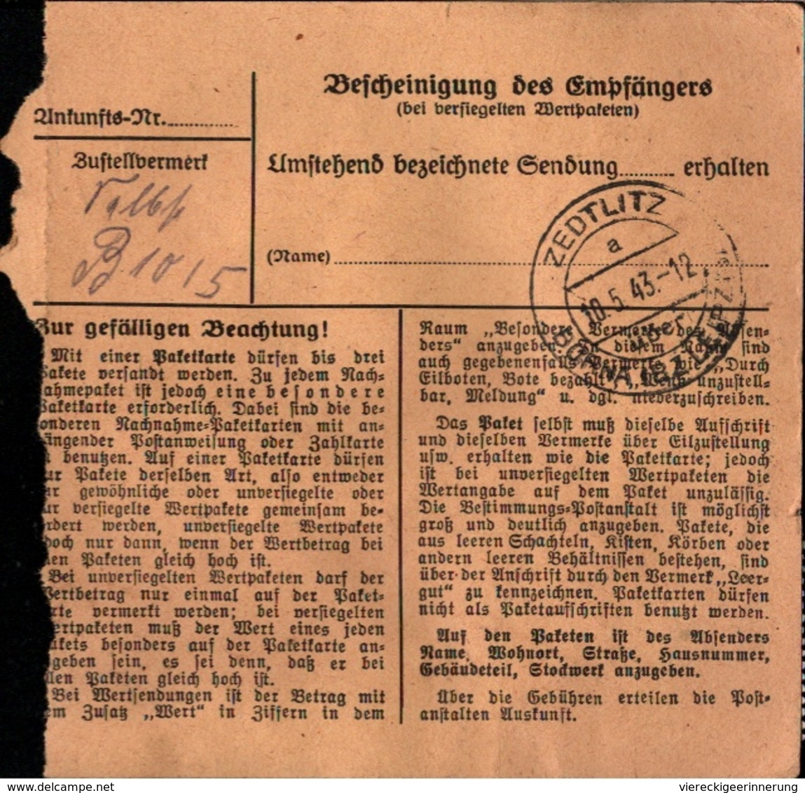 ! 1943 Paketkarte Deutsches Reich, Küstrin Nach Zedtlitz Bei Borna - Covers & Documents