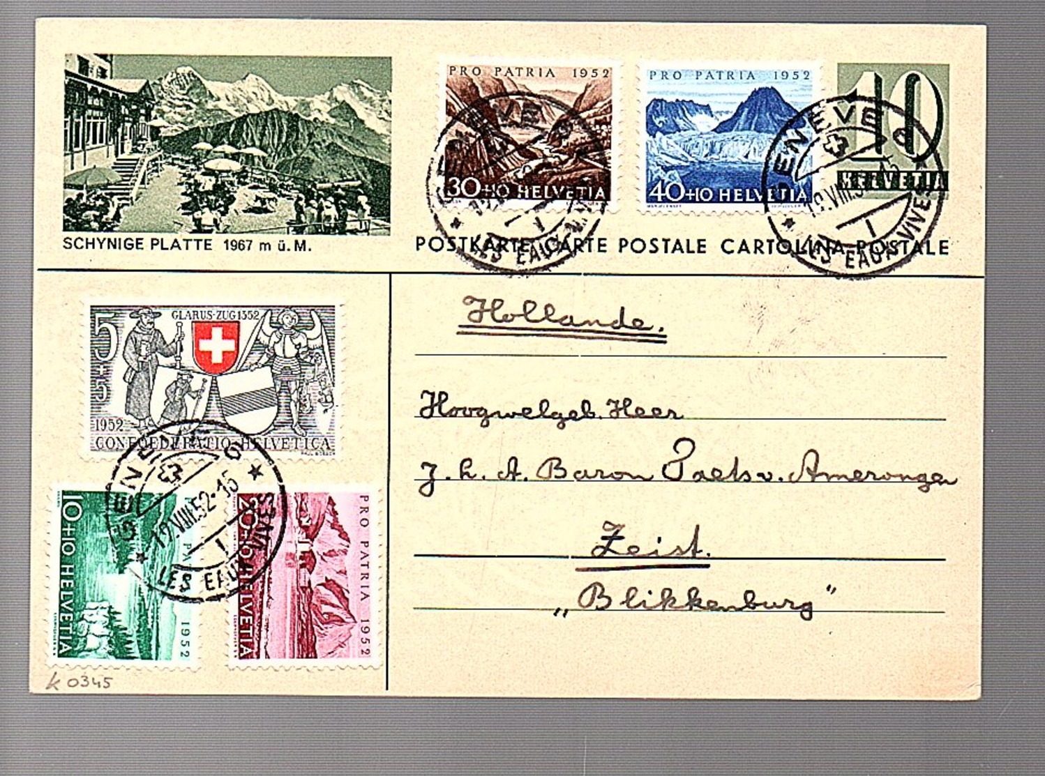 SCHYNIGE PLATTE 1952 Pro Patria 1952 TO Zeist Landgoed Blikkenburg Baron J.G.G. Taets Van Amerongen Van Renswoude  (801) - Interi Postali