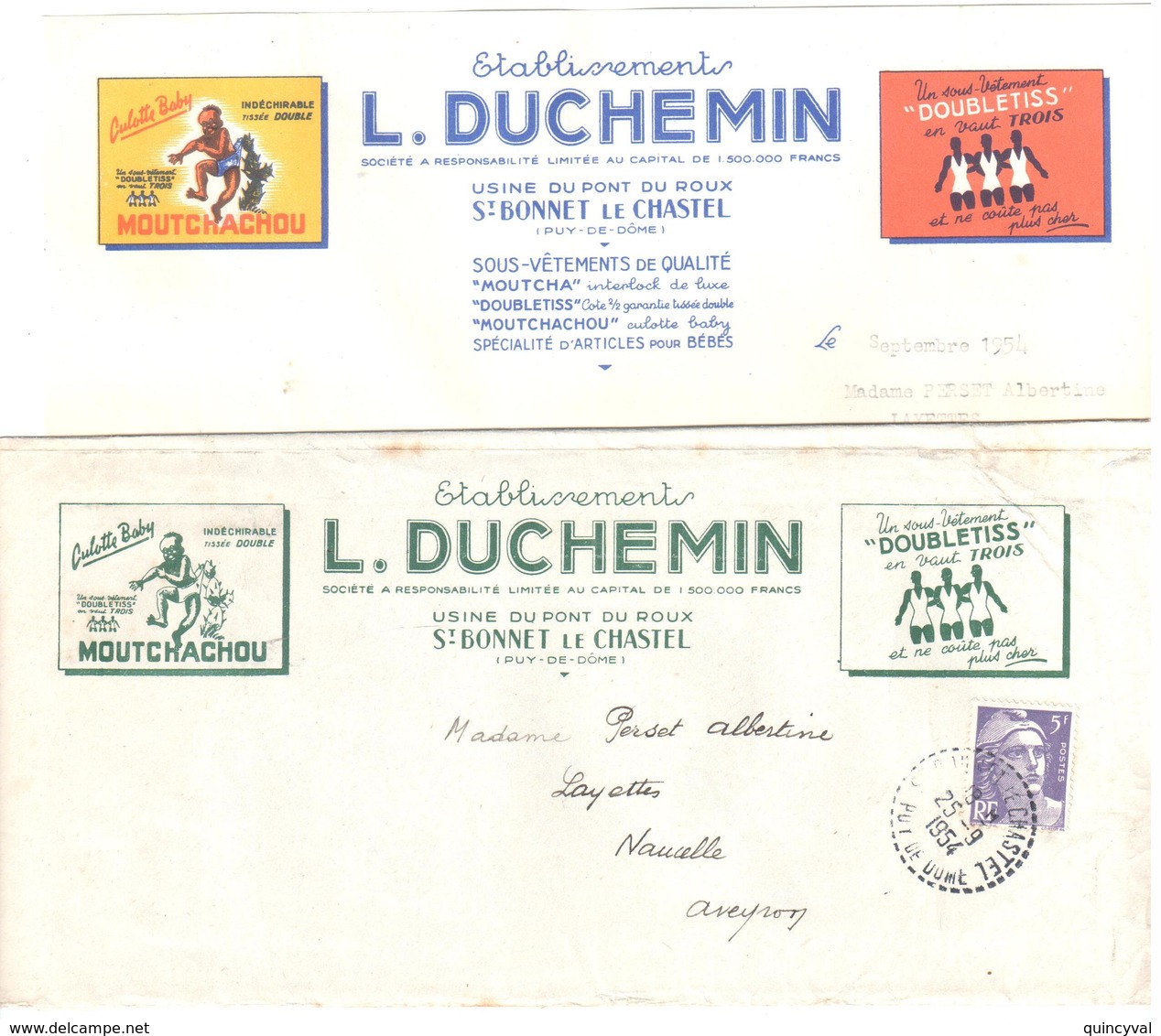 St BONNET Le CHASTEL Puy De Dôme IMPRIME Entête DUCHEMIN Sous Vêtement Culotte 5F Gandon Violet Oc Cercle Pointillé B6 - Covers & Documents