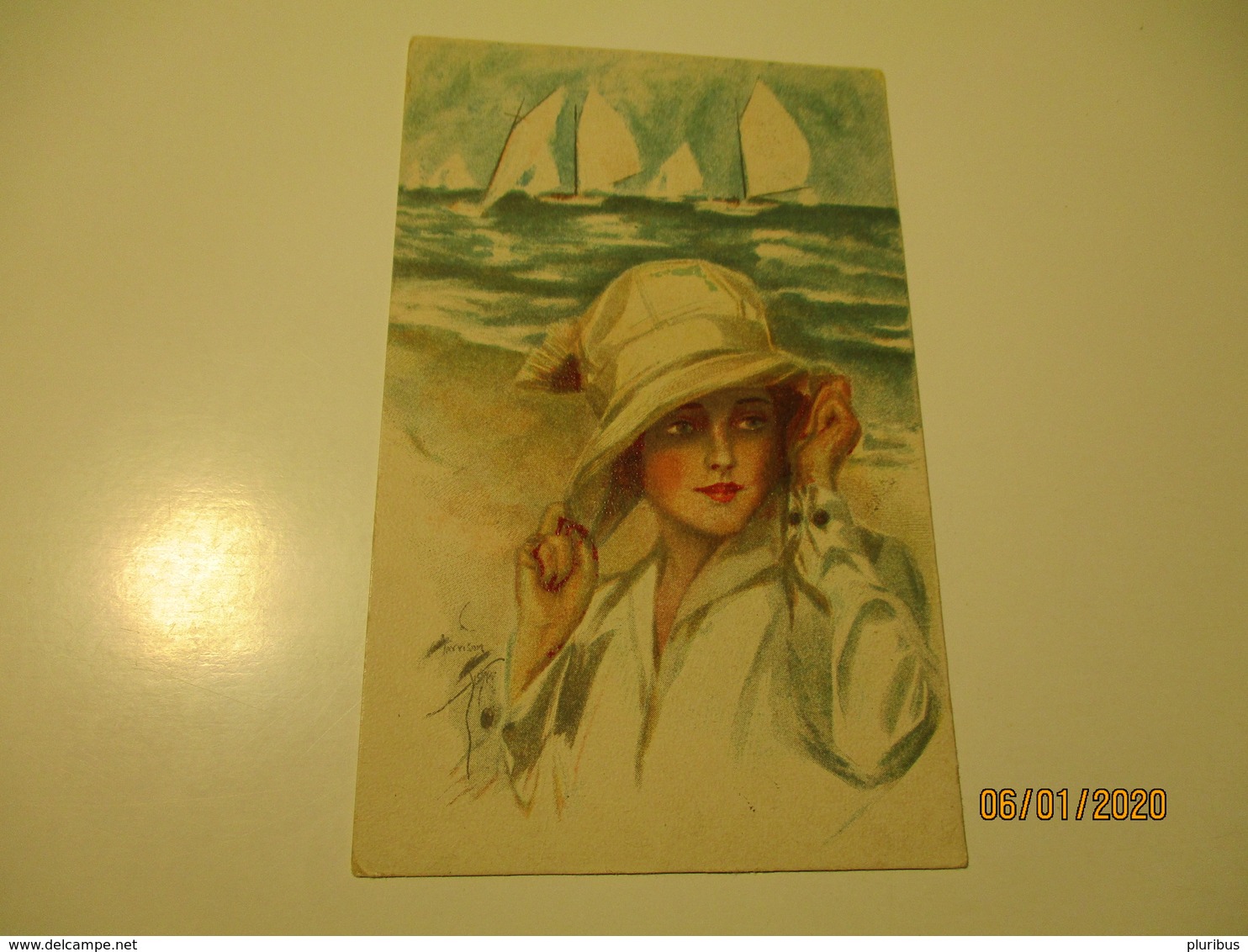 HARRISON FISHER , WOMAN WITH WHITE HAT SAILING BOATS  , ART DECO , OLD POSTCARD   , 0 - Fisher, Harrison