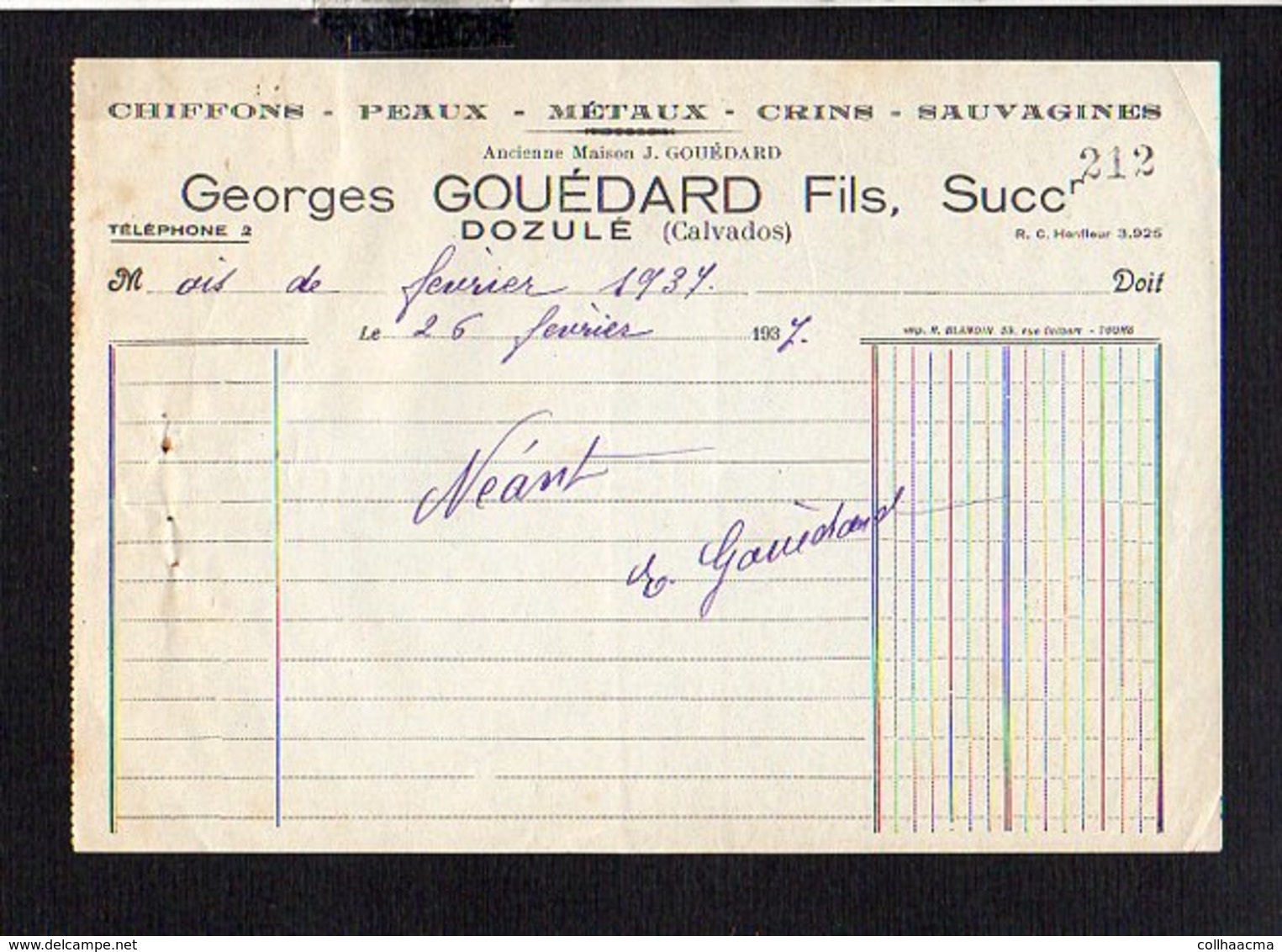 1937.  Facture Entête Chiffons,Peaux,Métaux,Crins,Sauvagines " Georges Gouédard Fils  " Succ. à Dozulé 14 - 1900 – 1949