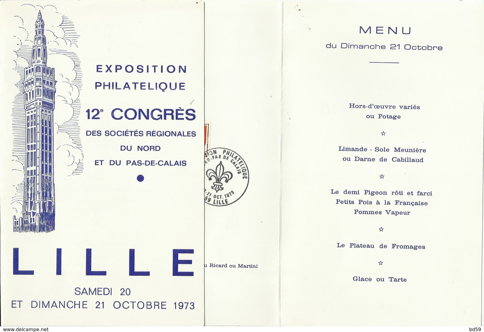 Exposition De Lille 1973, Menu Oblitéré Avec Un Cachet Provisoire, Fleur De Lys - Cartas & Documentos