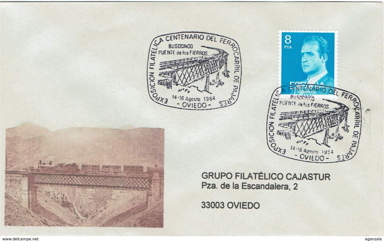 ENVELOPE CANCELLATION EXPOSITION PHILATELIQUE - CENTENAIRE - CHEMIN DE FER DE PAJARES - PONT DE LOS FIERROS  OVIEDO 1984 - Briefmarkenausstellungen