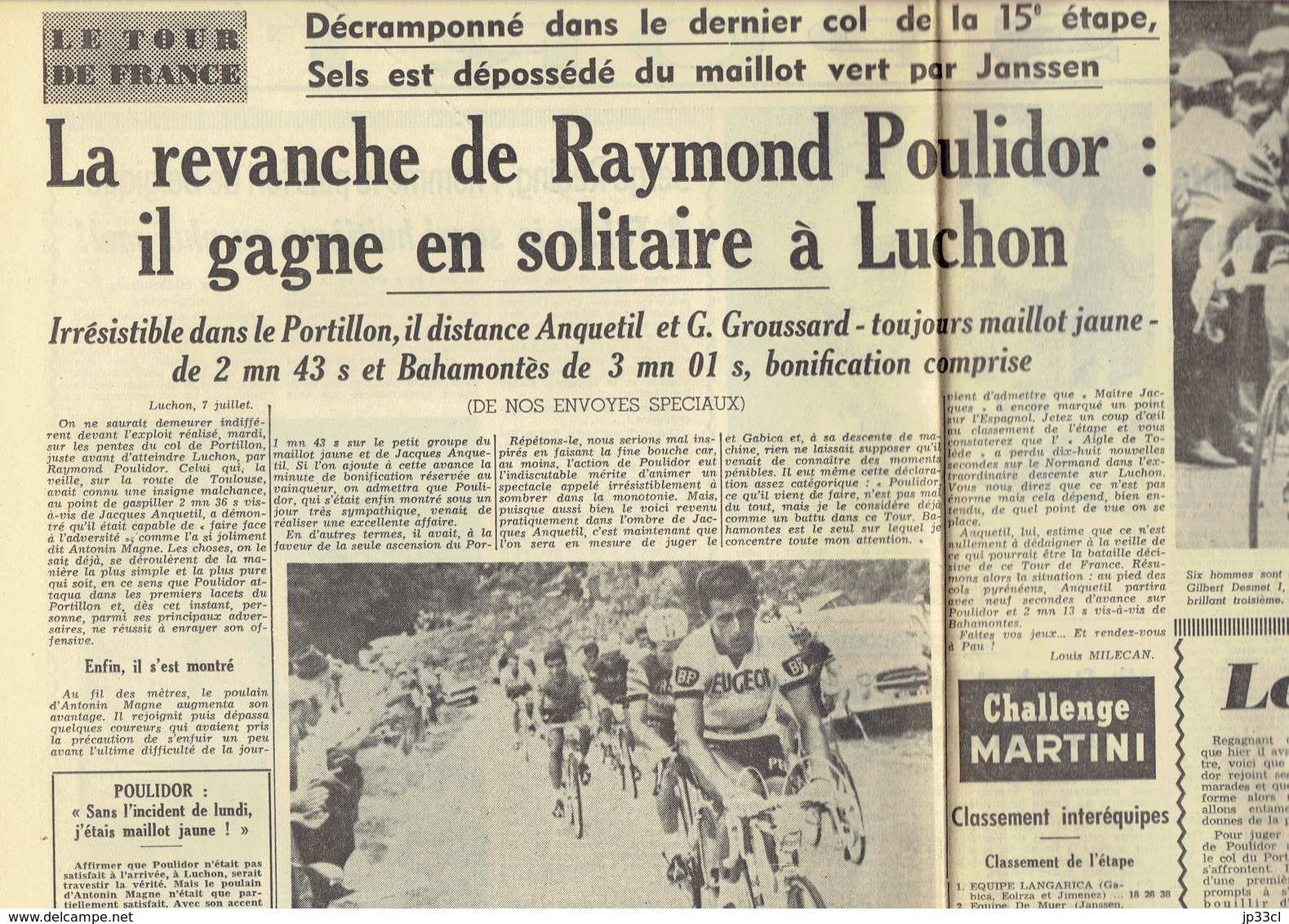 Tour De France 1964 : Poulidor Gagne En Solitaire à Luchon ; Groussard Toujours En Jaune (Le Soir Du 8/7/1964) - 1950 - Nu